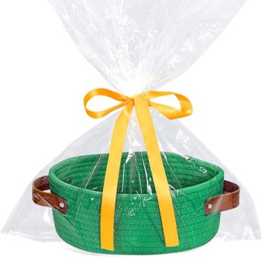 Imagem de Cesta pequena de tecido com saco de presente e fita, pequena cesta de armazenamento, mini cesta, linda cesta de tecido de corda de algodão, cesta de prateleira, cesta decorativa boho, cesta de