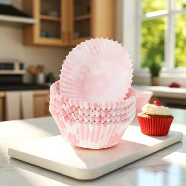 Imagem de Generic 100 peças de forros de cupcake descartáveis papel à prova de gordura rosa claro branco 4,8 x 3 cm