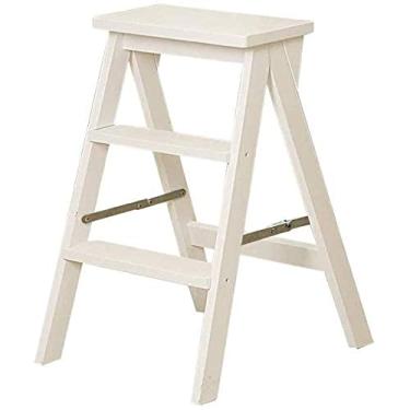 Imagem de Banqueta de madeira, banco de degrau para uso doméstico, multifuncional, estrutura de escada dobrável, escada, escada, escada, escada, escada, escada, escada, escada, pequena (branca)