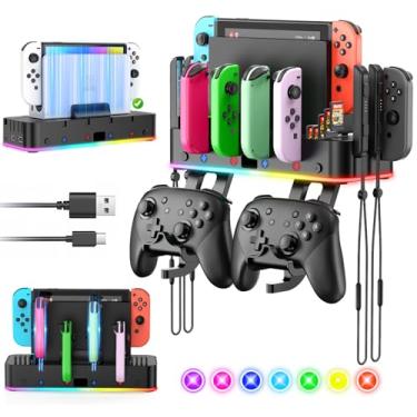 Imagem de Klipdasse Suporte De Parede Para Switch Rgb Carregador Joy-Con, Organizador Nintendo/Oled Com Suporte, Base Carregamento Joy-Con 15 Modos Luz, 4 Portas Usb E 2 Usb, 10 Compartimentos Cartão