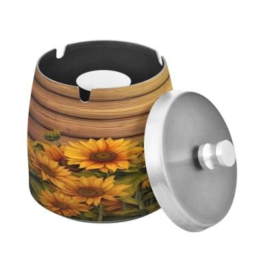 Imagem de Blueangle Girassóis em placa de madeira cinzeiro com tampa para cigarros, à prova de vento/à prova de chuva, aço inoxidável, sem fumaça, inodoro, cinzeiro para uso interno ou externo (418)