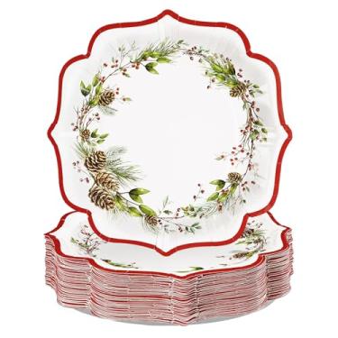 Imagem de Greencian 50 peças de pratos de papel vermelho de Natal de 20,3 cm, pinhas, pratos de sobremesa recortados, descartáveis, floresta, azevinho, baga, suprimentos para festas de feliz Natal, Natal