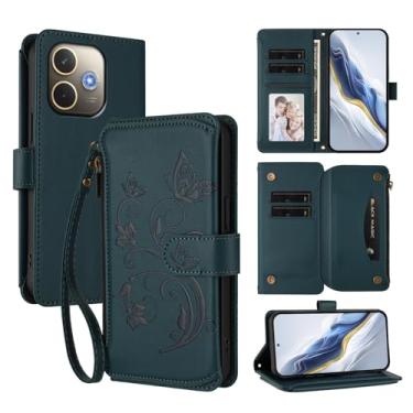 Imagem de Capa carteira para Oppo A5 Pro 4G/A5 Pro 5G com suporte para cartão, bolso com zíper e alça longa - capa fólio de couro com fecho magnético, suporte, capa feminina anti-impressão digital (verde escuro