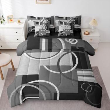 Imagem de Erosebridal Jogo de cama King com círculos, 7 peças, moderno, cinza, preto e branco, abstrato, redemoinhos, quadrado, listrado, geométrico, com enchimento de edredom moderno e criativo