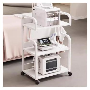 Imagem de Carrinho de esteticista móvel sobre rodas, carrinho de armazenamento de salão com rodinhas de 3 níveis, organizador de spa de beleza com prateleiras, carrinho branco de maquiagem e penteado, solução