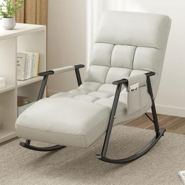 Imagem de Cadeira de balanço para berçário com encosto alto, cadeira de balanço estofada com bolsos laterais, berçário moderno com moldura de metal para leitura relaxante, cochilo, cadeira balancim confortável