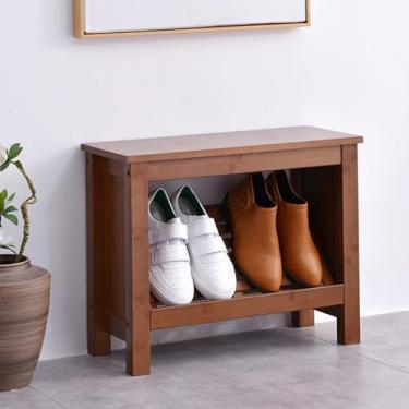 Imagem de Banco de sapato moderno de madeira maciça, armazenamento de entrada de nogueira, design de meados do século, móveis elegantes para porta da frente, tamanho compacto (50 x 21 x 41 cm) para entrada