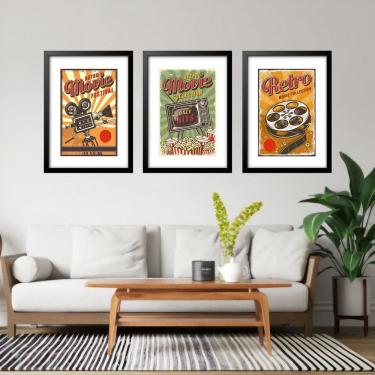Imagem de Kit 3 Quadros Grandes Cinema Retrô 60X48Cm