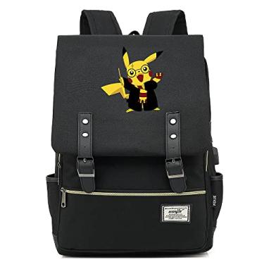 Imagem de Mochila retrô com tema de estampa de anime e monstro Pokeball, mochila escolar retrô unissex (com USB), Preto, Large, Clássico