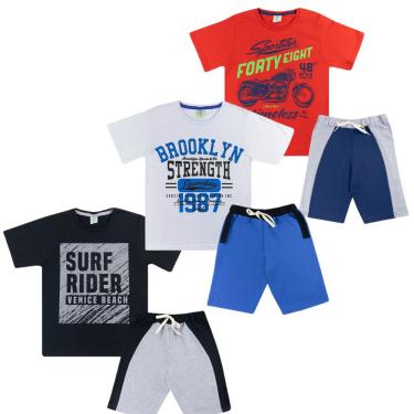 Imagem de Kit 3 conjuntos infantil juvenil masculino verão Bermuda Moletinho e Camiseta roupa menino tamanho 10 12 14