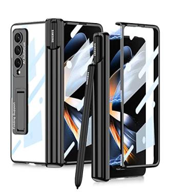 Imagem de Para Samsung Galaxy Z Fold 4 5G Fold4 Estojo Transparente Magnético Dobradiça Porta Caneta Com Vidro Temperado Suporte de Filme Estojo à prova de choque, Preto (Sem caneta), Para Galaxy Z Fo