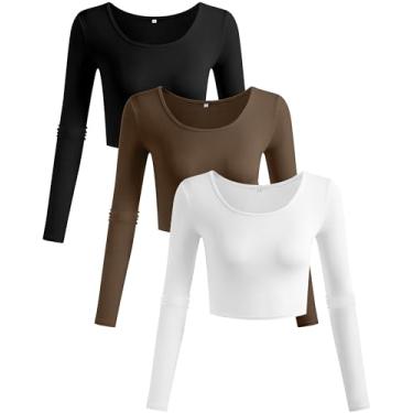 Imagem de Riyiper 3 peças de blusa cropped feminina de manga comprida slim fit gola canoa camiseta básica casual para mulheres, Preto, branco, café, M