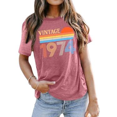 Imagem de Camiseta feminina vintage 1974 presente de aniversário 50 anos camiseta retrô aniversário manga curta, rosa, P