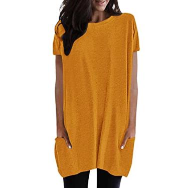 Imagem de Lainuyoah Camisetas femininas de verão 2024 casuais com mangas longas para usar com leggings blusa de manga curta grande, A - amarelo, GG