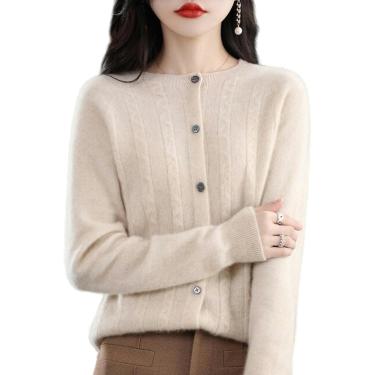 Imagem de Cardigan feminino sem costura cardigan feminino gola redonda cardigã de malha outono e inverno fino moda quente suéter básico, bege, l