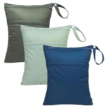 Imagem de babygoal Bebê-Unissex Sacos Secos e Molhados para Fraldas de Pano de Bebê, Pacote com 3, Sacos de Viagem Laváveis, Praia, Piscina, Bolsa de Ginástica para Trajes de Banho e Roupas Molhadas com Dois Bolsos, Alça de Pressão 3Ln32