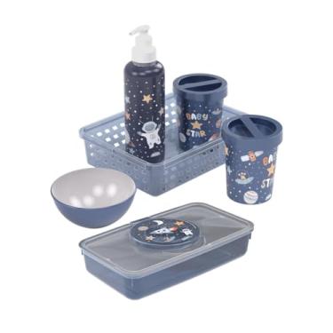 Imagem de Kit Higiene Infantil 6 Peças Porta Lenço Umedecido Cotonete Cesto Bebê Uso Diário (Astronauta)
