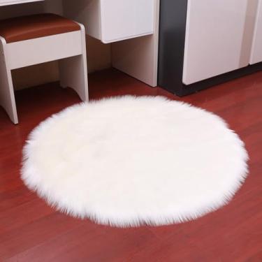 Imagem de Tapetes de pele redondos para quarto, sala de estar, piso, pelúcia felpuda, macio, pele de carneiro sintética, tapete branco para casa, tapete de área, tapetes de cabeceira, branco, diâmetro 150 cm