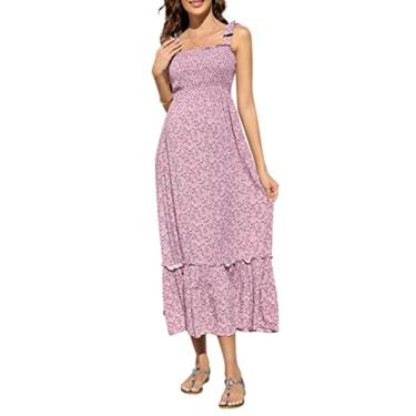 Imagem de KOJOOIN Vestido feminino Petite Plus Size com alça espaguete Boho Maxi Prenancy Dress, rosa floral