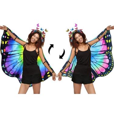 Imagem de iROLWIN Fantasia feminina dupla face com asas de borboleta para adultos, tiara de borboleta, capa de fada, vestido de Halloween, presentes de festa, Laranja, verde, G
