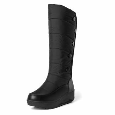 Imagem de Myallfeet Botas de neve femininas quentes de inverno com sola grossa de cano alto impermeável e confortável forro de pele botas de inverno quentes botas de cunha com suporte de assistência, Preto, 9.5
