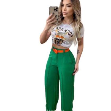 Imagem de Conjunto Feminino Calça Cintura Alta Pantalona Com Elastico e Camiseta