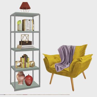 Imagem de Kit Poltrona Fatte com Manta Soft Lilás e Estante Livreiro Ferro Cinza mdf Verde Oliva Suede Amarelo - Ahazzo Móveis