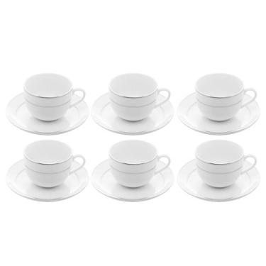 Imagem de Jogo 6 Xicaras De Chá Café Com Pires 220ml Branco Borda Prata Porcelan