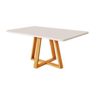 Imagem de Mesa De Jantar Luxo 120x90 Tampo Mdf/vidro Para 4 Lugares Pés Madeira Maciça Pérola - Mel/off White