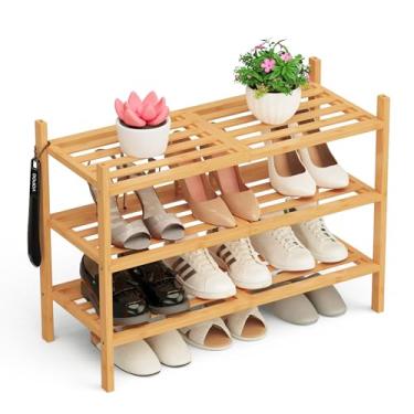Imagem de VOPOG Sapateira de 3 níveis para entrada da porta da frente com buzina de sapato, organizador de prateleira de bambu empilhável para entrada, corredor, banheiro e armário - Natural atualizado