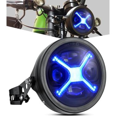 Imagem de PKEDUO Farol De Led Para Motocicleta 5-3/4 5,75" Com Carcaça Balde Fumê X-Style Azul Drl Compatível Shadow Buell Blast Cafe Racer Cruiser Motos