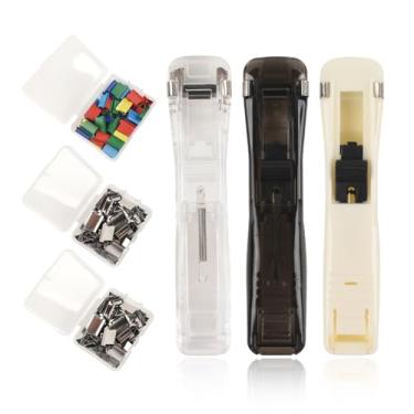 Imagem de HAIOPS Grampeador push, 3 unidades de dispensador de clipe de papel com 150 clipes de papel, clipes reutilizáveis de aço inoxidável, capacidade de 40 folhas para suprimentos de documentos (cor