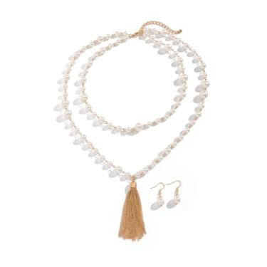 Imagem de Colares de pérolas longas para mulheres, colar em camadas de pérolas brancas falsas, vários tamanhos, colar de pérolas longas com borla empilhada, bijuteria de fantasia, adjustable, Metal, Sem Pedra