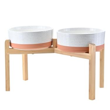Imagem de SPUNKYJUNKY Tigelas elevadas de cerâmica para cães, 21 cm, com suporte de bambu antiderrapante para raças grandes, pode ser lavada no micro-ondas - 1,701 g, padrão branco