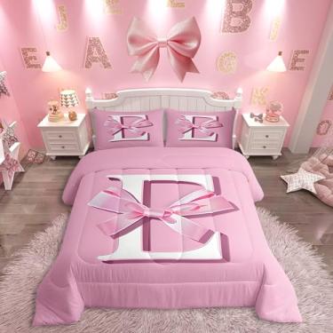 Imagem de jejeloiu Conjunto de cama com laço sonhador, presente para mulheres, adolescentes, tamanho Queen, conjunto de cama com monograma ultra macio, letra E, edredom kawaii rosa, conjunto de edredom