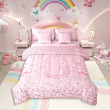 Imagem de Erosebridal Conjunto de edredom solteiro com laço de princesa rosa para meninas, 7 peças, lençol com laço de coquete, fofo, personalizado, com glitter, letra G, conjunto de cama em uma bolsa