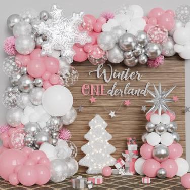 Imagem de Pink Winter Wonderland Balloon Garland Arch Kit Pink White Metallic Silver With Large Snowflake Balloon for Christmas Princess Girl A Little Snowflake is on The Way Baby Shower Birthday Party Decor