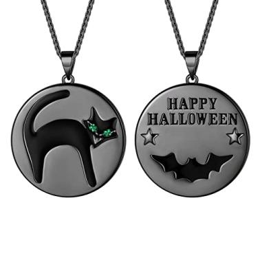 Imagem de beautlace Colar com pingente de camafeu e silhueta de gato preto banhado a arma prata e círculo de Halloween para amantes góticos KP0217, Zircônia cúbica, Zircônia cúbica