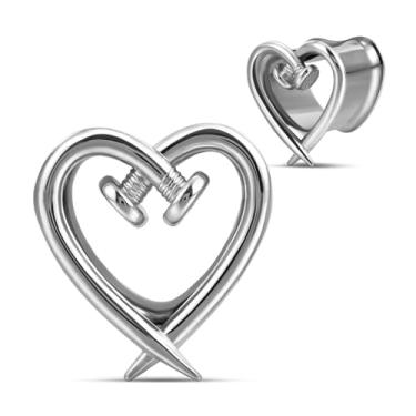 Imagem de COOEAR Expansor de orelha com design em forma de coração de aço inoxidável, alargador duplo alargado para alargamento., 1/2"(12mm), Aço inoxidável, Arenito