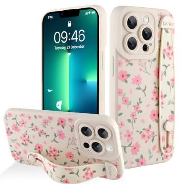 Imagem de AIGOMARA Capa para iPhone 13 Pro com alça para mulheres e meninas, linda estampa floral rosa, capa protetora de silicone com suporte de faixa macia, branca