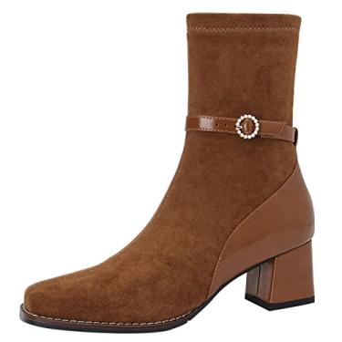 Imagem de U-lite Sapatos femininos de camurça elástica outono inverno bico quadrado, botas de couro de salto médio, botas de enfeite com alça de fivela, Marrom-2, 35