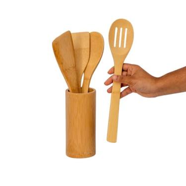 Imagem de Conjunto 5 peças Sendo 4 Colheres E 1 Base Colher Vazada Espátula Pá De Bambu Com Suporte De Mesa Madeira Utensílios de Cozinha
