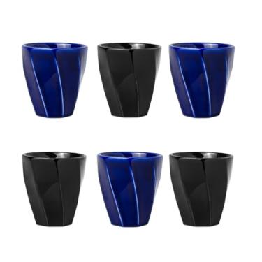 Imagem de Kit 6 Copos Cerâmicos Louça 260ml Design Moderno, Ideal para Café, Chá, Bebidas Quentes, Porta Objetos e Escovas - E-FCS Store (Azul/Preto)