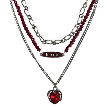 Imagem de Kokoma Colar feminino com pingente de coração de cristal vermelho em camadas, colar gargantilha com contas vermelhas, corrente de aço inoxidável, joia punk para Halloween