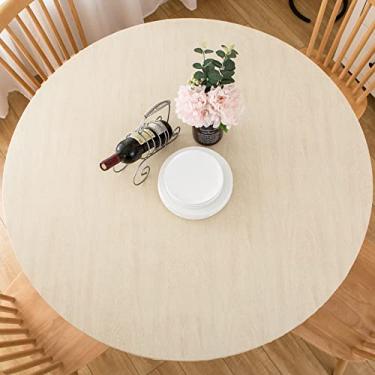 Imagem de LIBERECOO Toalha de Mesa Redonda Ajustada de Vinil com Forro de Flanela - Madeira Creme - Impermeável, Resistente a Manchas - Tamanho 114,3 a 142,2 cm