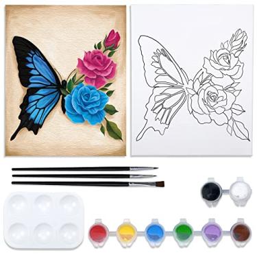 Imagem de Nuberlic Kit de pintura em tela de 20 x 25 cm, tela pré-desenhada para pintura para adultos em tela esticada, presente de aniversário, kit de pintura floral de borboleta, beba e pinte lembrancinhas de