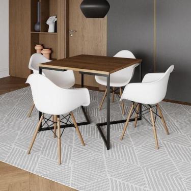 Imagem de Mesa Jantar Industrial Quadrada Amêndoa 90Cm Base V Ferro Preto C/4 Po