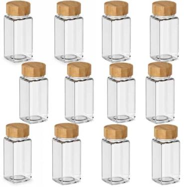 Imagem de Kit 12 Potes Vidro Quadrado 125ml Tampa Bambu com Fechamento Vedado Or