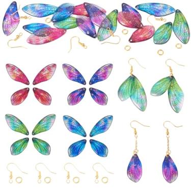 Imagem de 4 conjuntos de pingentes de asas de animais de inseto brilhantes pingentes de resina de asas de borboleta com gancho de brinco e anéis de salto para mulheres, brincos pendentes de gota, fabricação de