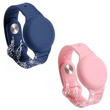 Imagem de 2 pulseiras para AirTag, suporte de silicone à prova d'água, para idosos, ajustável, antiperda, suporte para rastreador GPS (rosa, azul escuro)